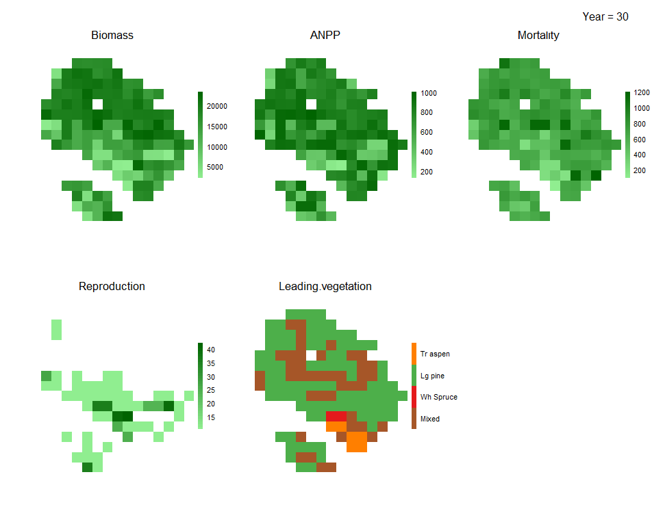 Biomass_core automatically generates simulation visuals of species dynamics across the landscape in terms of total biomass, number of presences and age and productivity (above), as well as yearly plots of total biomass, productivity, mortality, reproduction and leading species in each pixel (below).